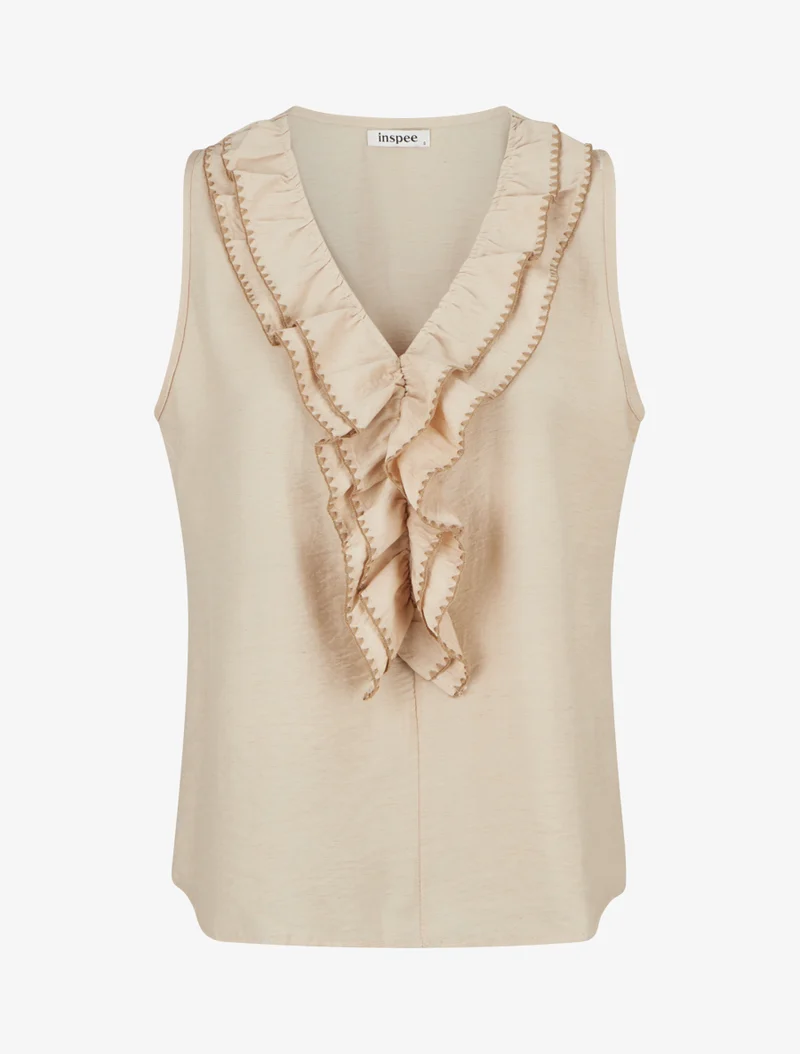 Ärmelloses Oberteil mit Rüschen-V-Ausschnitt. - Beige