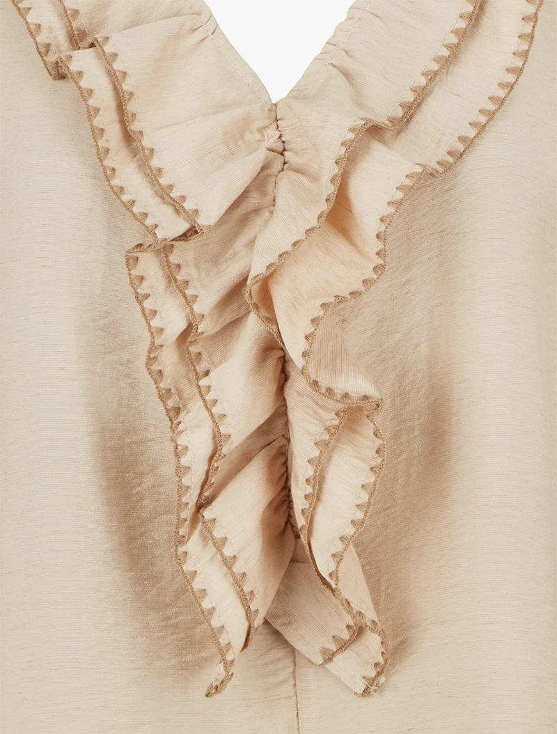 Ärmelloses Oberteil mit Rüschen-V-Ausschnitt. - Beige