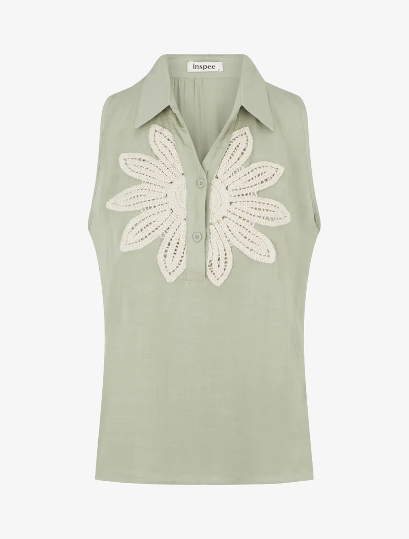 Ärmellose Bluse mit Blumenstickerei - Mandelgrün