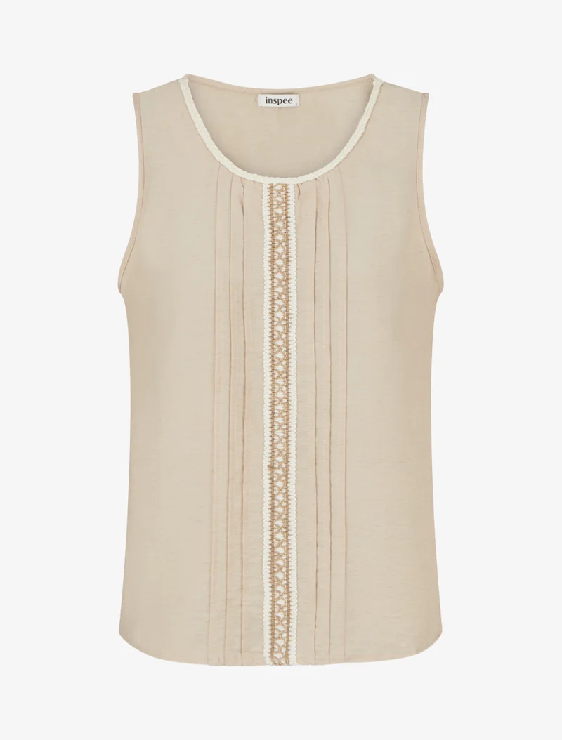 Ärmelloses Top mit Rundhalsausschnitt und Stickerei. - Beige