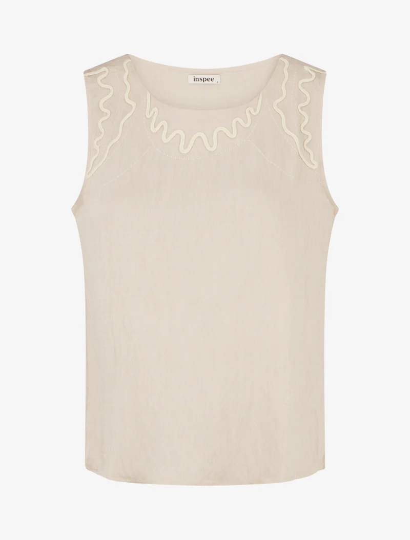 Einfarbiges Oberteil mit Wellenstickerei-Details - Beige