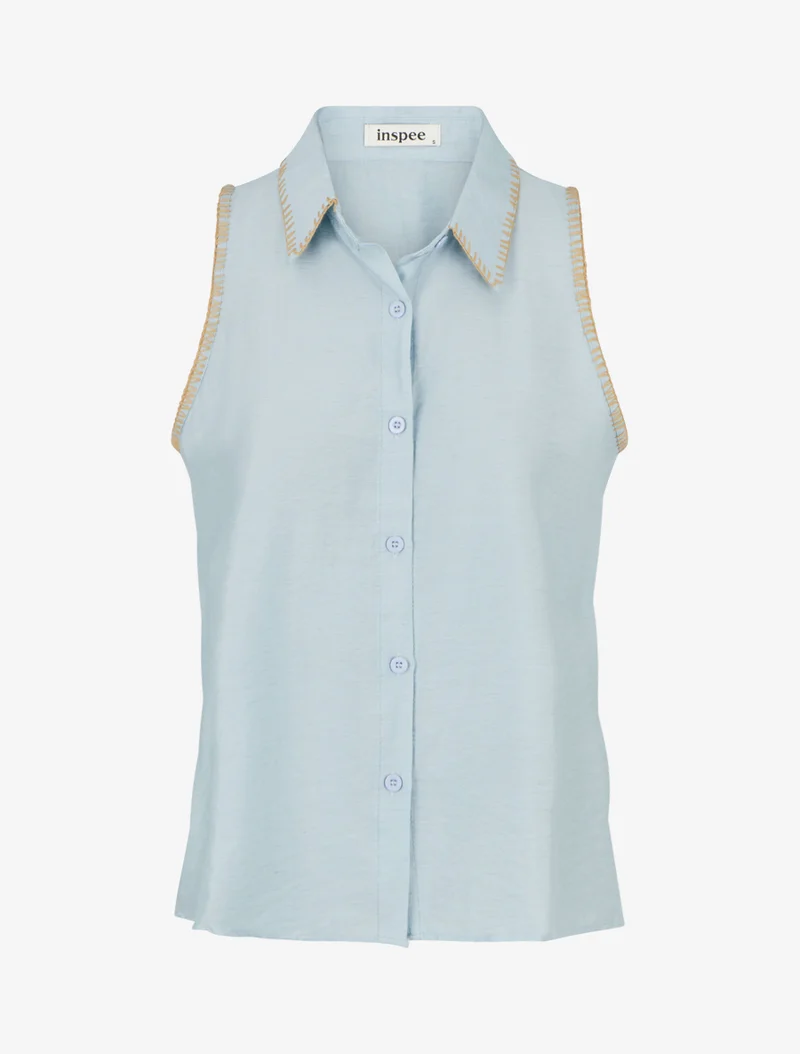 Ärmellose einfarbige Bluse mit Knöpfen - Himmelblau
