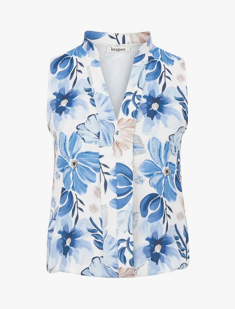 Ärmelloses Oberteil mit Blumenmuster - Blau