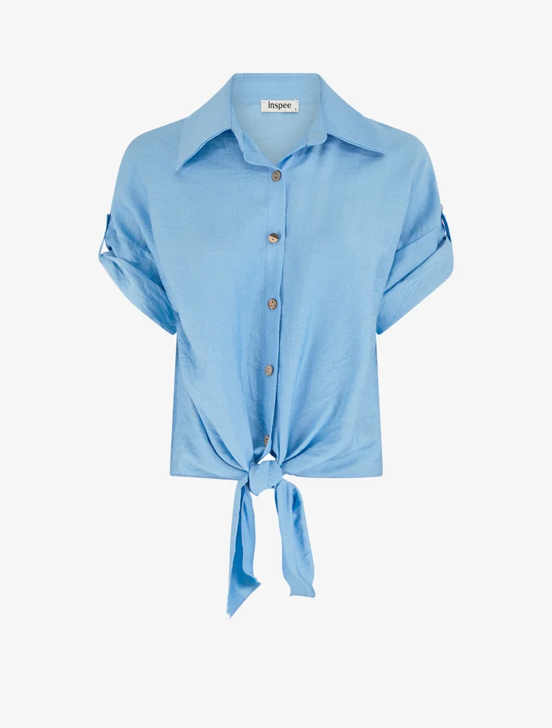 Weit geschnittenes Kurzarm-Knotenshirt - Himmelblau