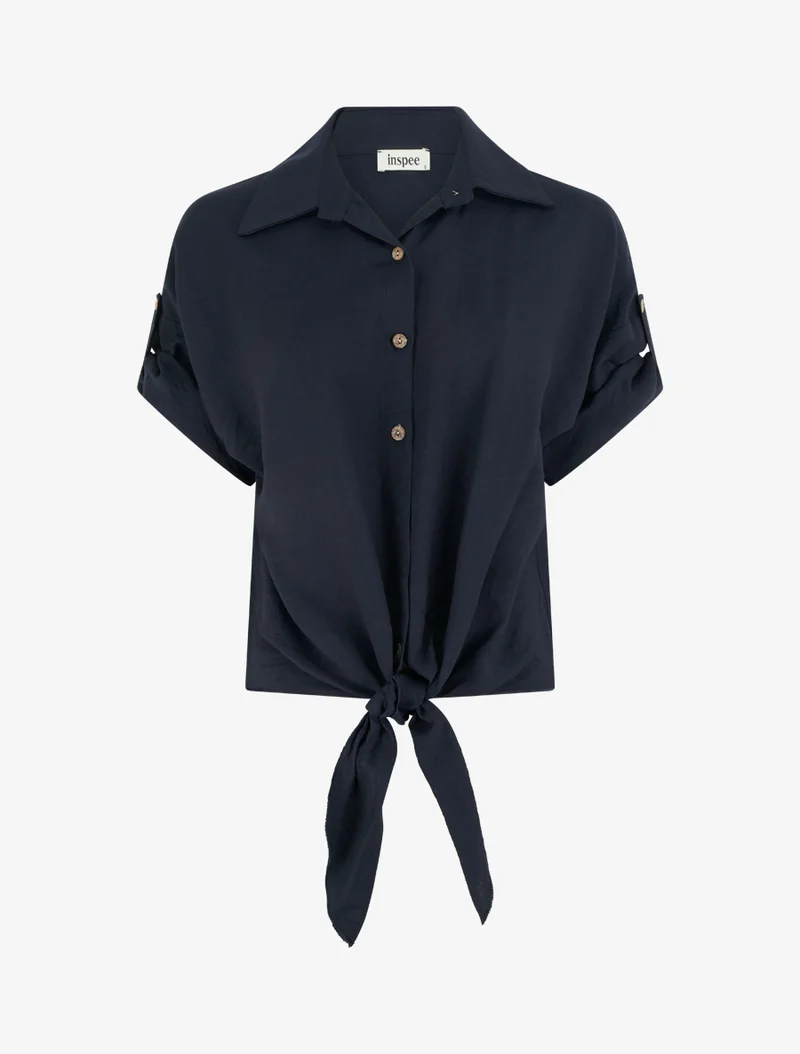 Weit geschnittenes Kurzarm-Knotenshirt - Mitternachtsblau