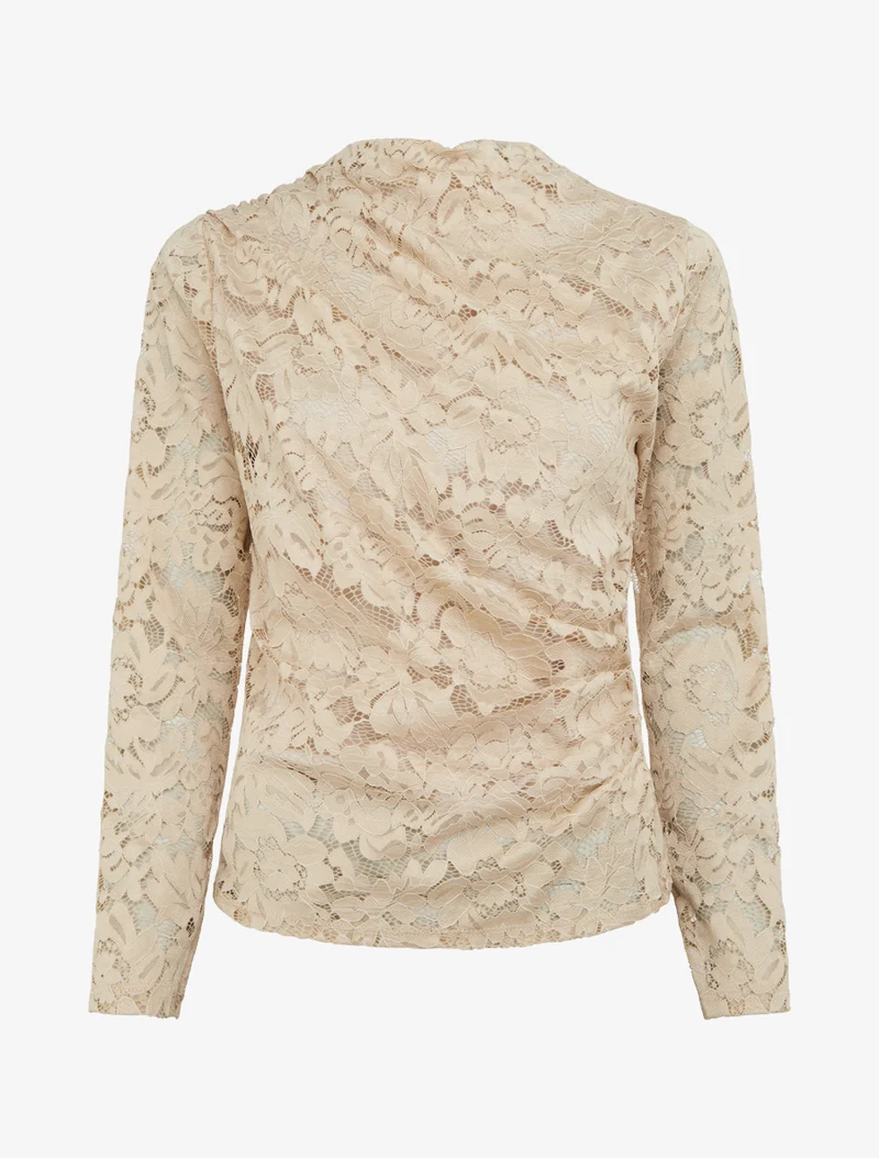 Drapiertes Spitzenoberteil mit langen Ärmeln - Beige