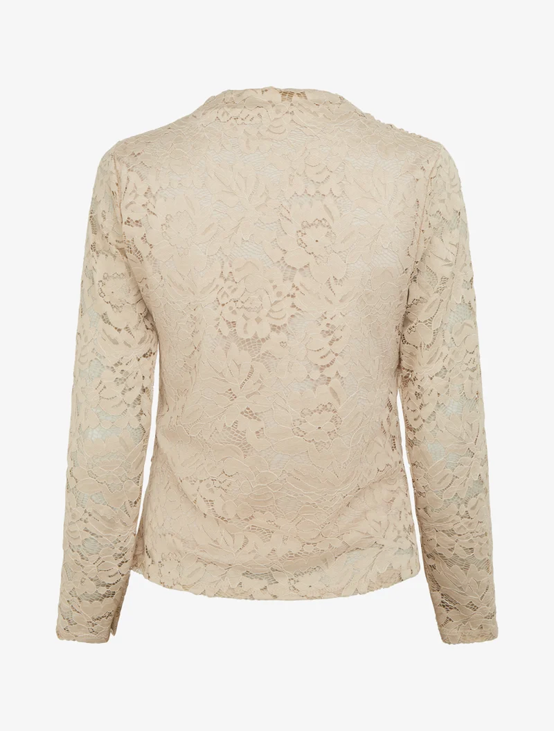 Drapiertes Spitzenoberteil mit langen Ärmeln - Beige