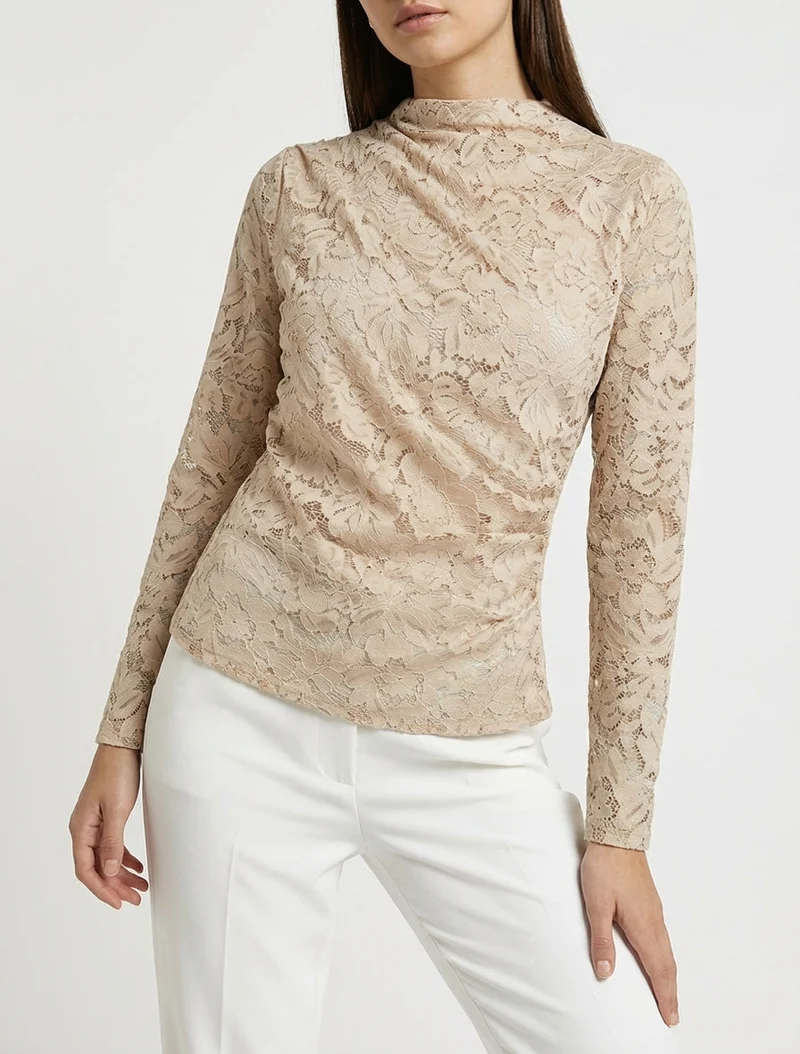 Drapiertes Spitzenoberteil mit langen Ärmeln - Beige