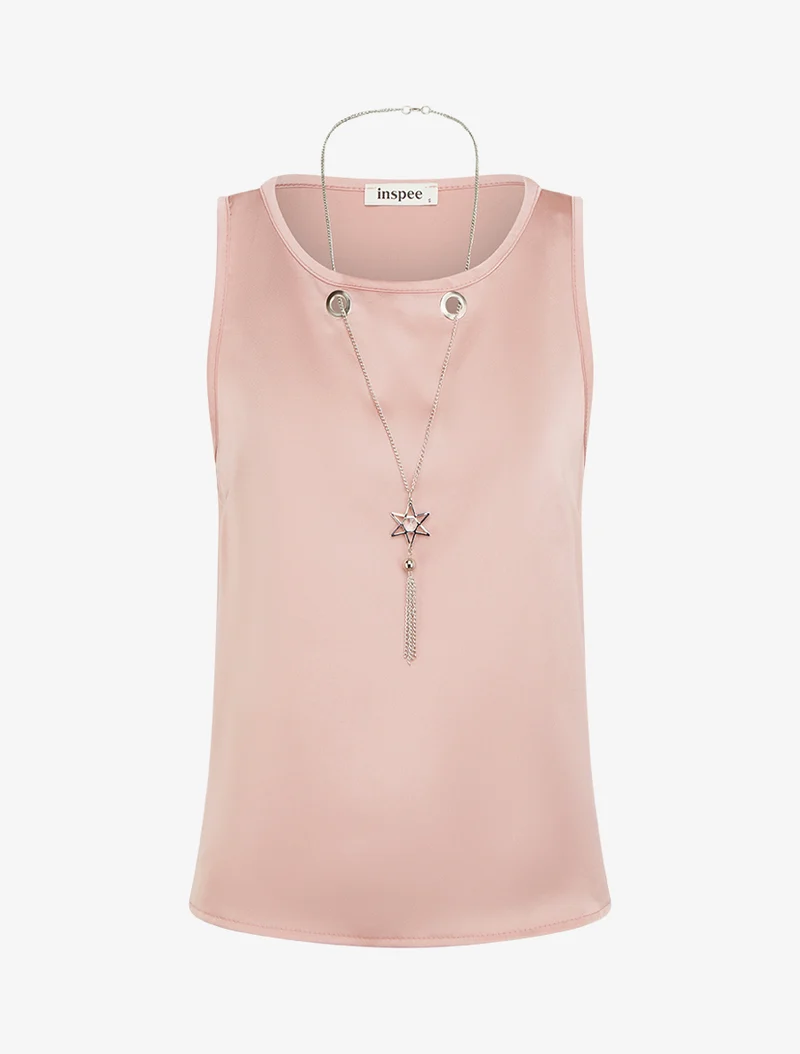 Ärmelloses Satin-Top mit Schmuckkragen - Rose