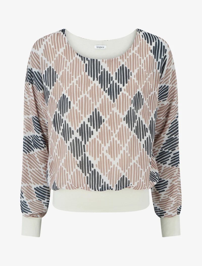 Bluse aus bedrucktem Voile mit grafischem Muster - Beige