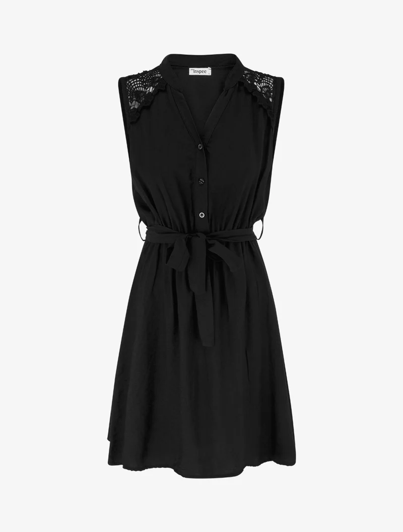 Ärmelloses, knielanges, geknöpftes Kleid - Schwarz