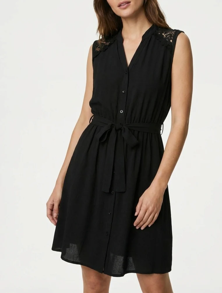 Ärmelloses, knielanges, geknöpftes Kleid - Schwarz
