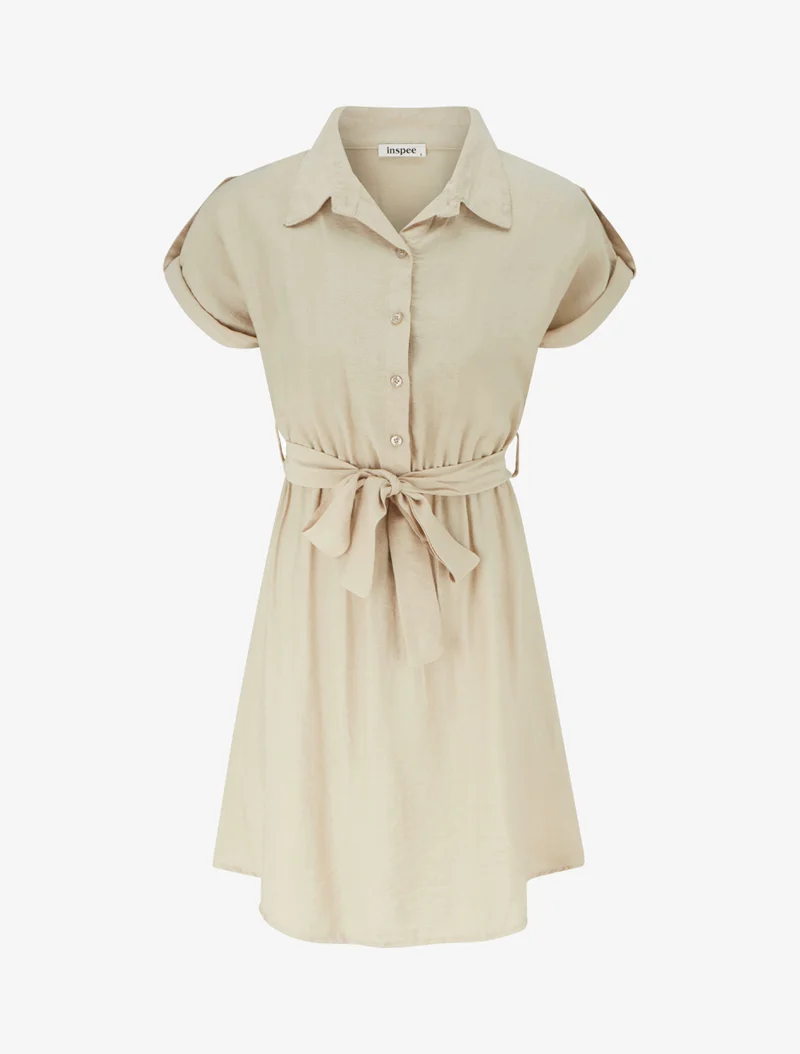 Kurzarm-Hemdkleid - Beige