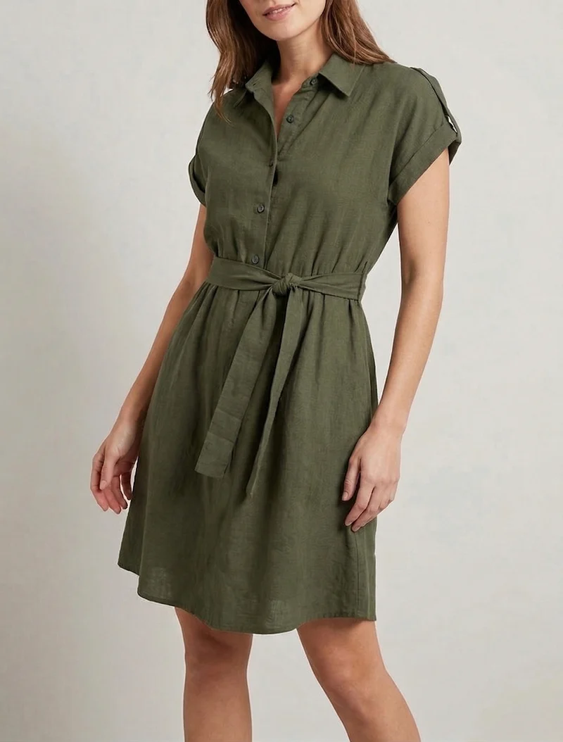 Kurzarm-Hemdkleid - Kaki