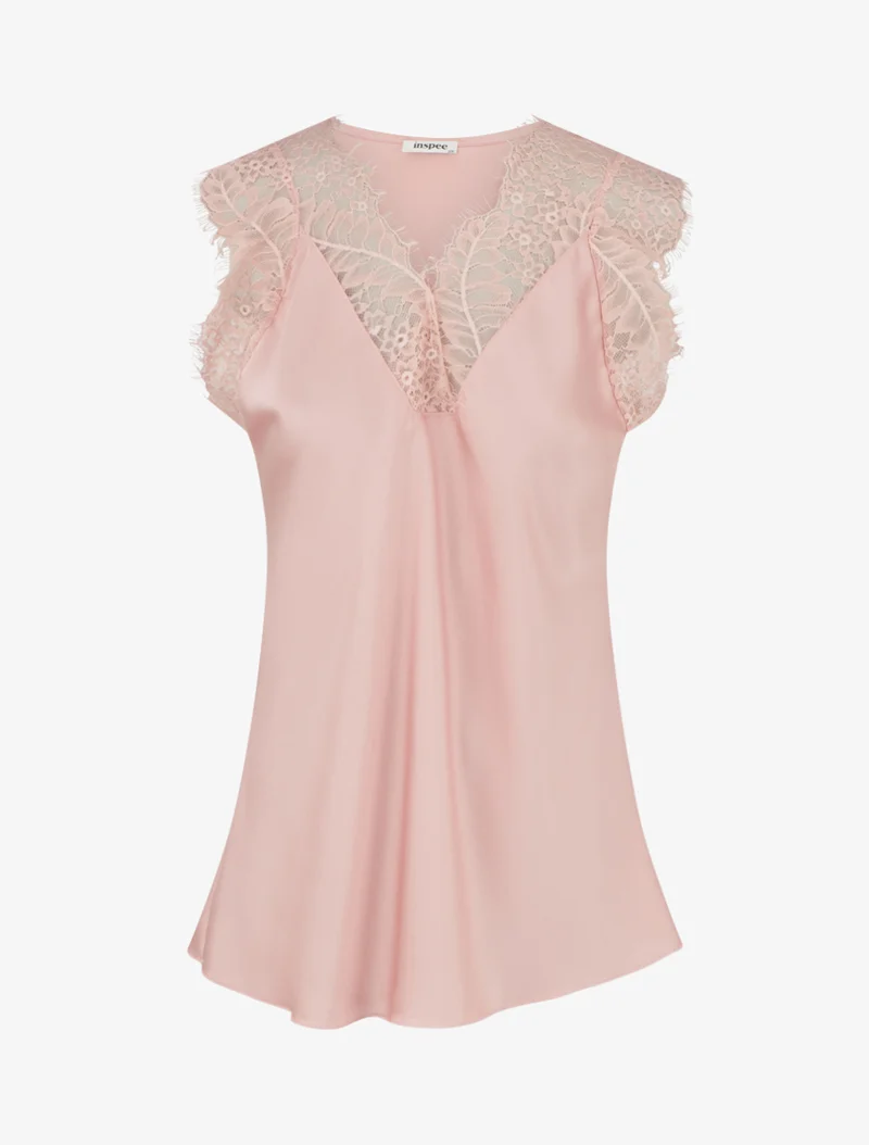 Satinierte Top mit V-Ausschnitt und Spitze - Rose
