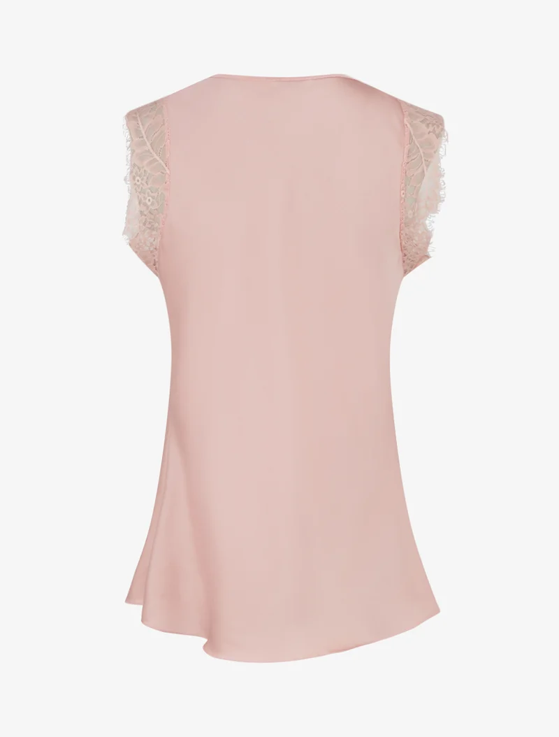 Satinierte Top mit V-Ausschnitt und Spitze - Rose