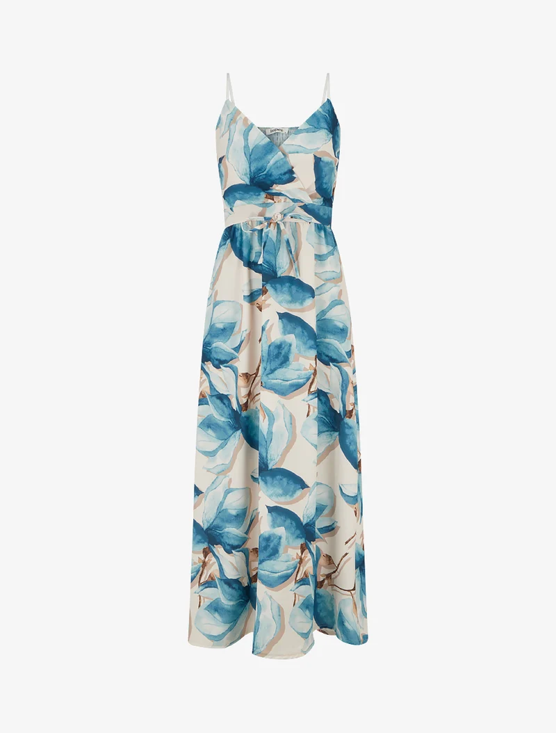 Langes Kleid mit elastischem Rücken und Blumenmuster - Entenblau