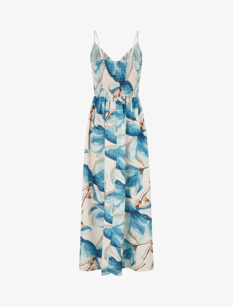 Langes Kleid mit elastischem Rücken und Blumenmuster - Entenblau