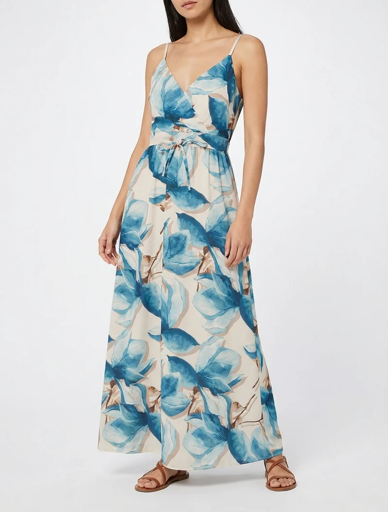 Langes Kleid mit elastischem Rücken und Blumenmuster - Entenblau