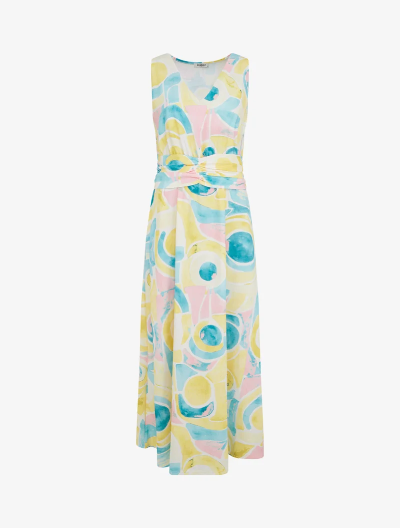 Kleid mit abstraktem Druck und elastischer Taille - Gelb