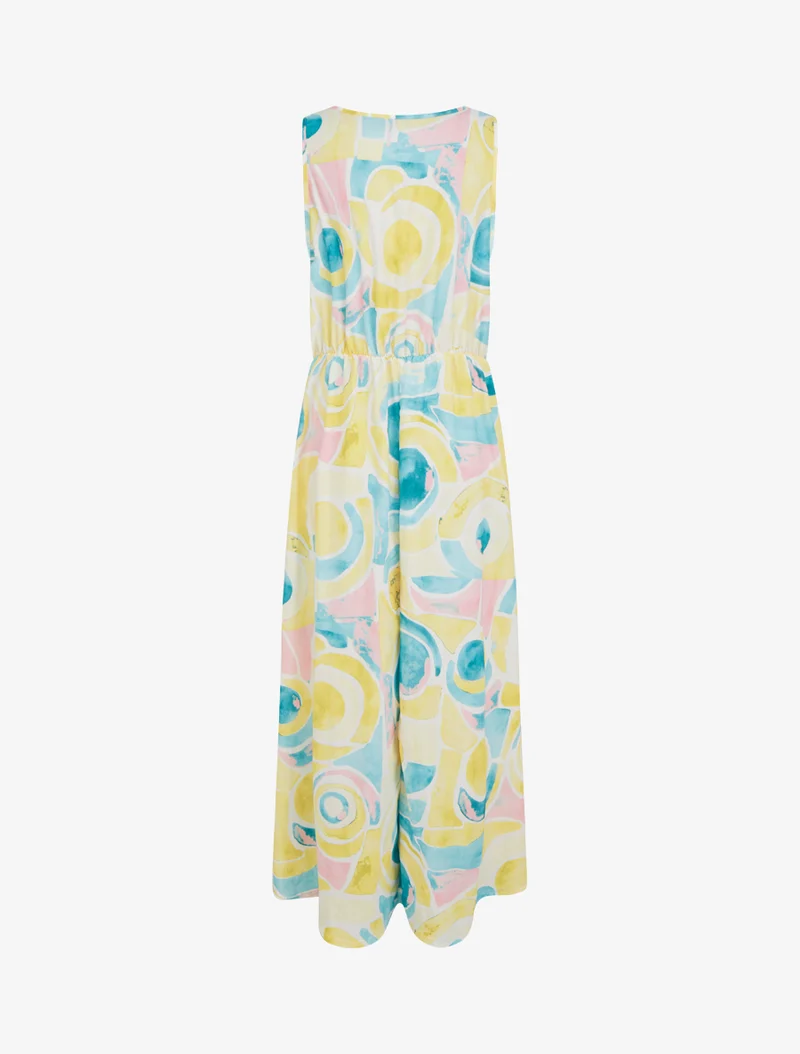 Kleid mit abstraktem Druck und elastischer Taille - Gelb