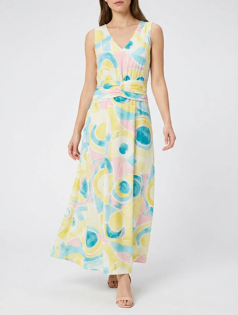 Kleid mit abstraktem Druck und elastischer Taille - Gelb