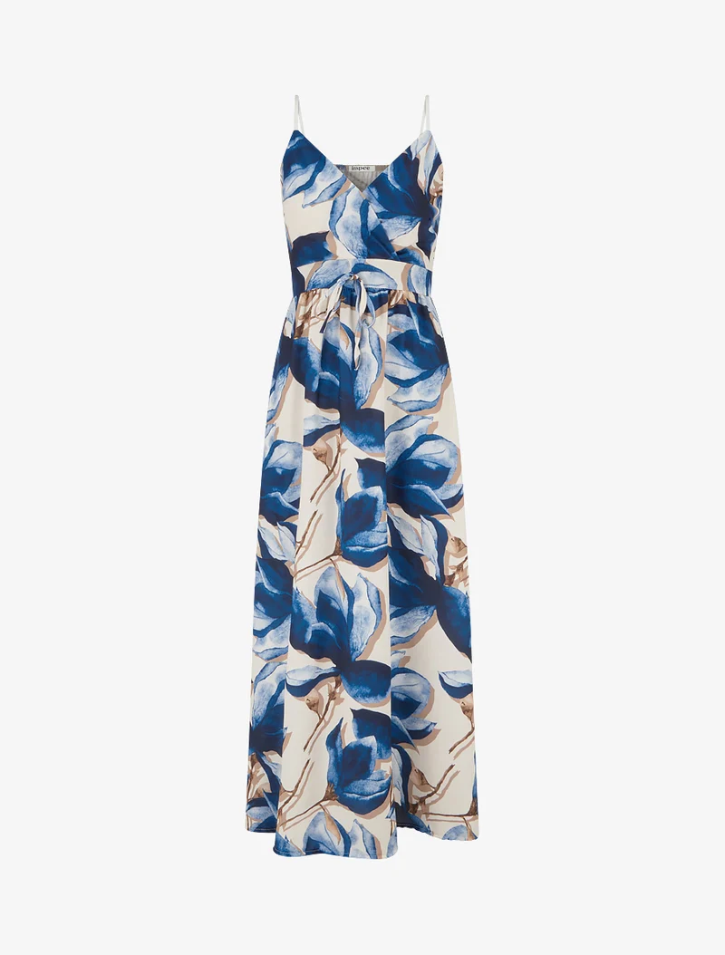 Langes Kleid mit elastischem Rücken und Blumenmuster - Marine