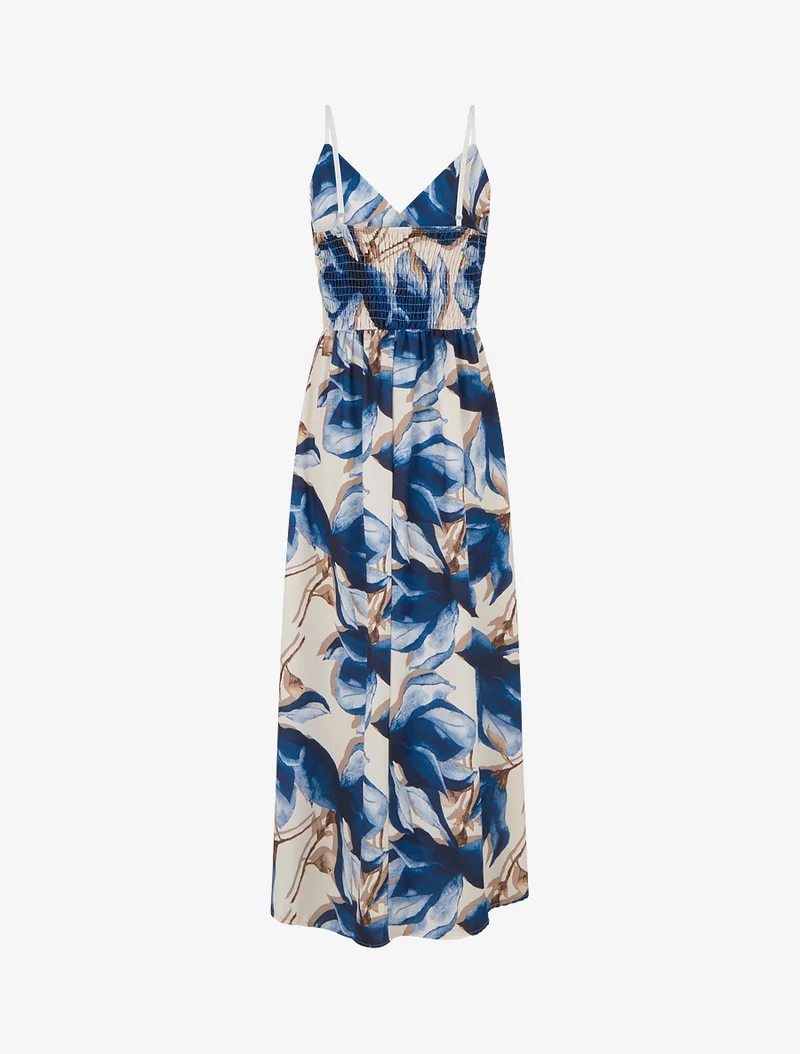 Langes Kleid mit elastischem Rücken und Blumenmuster - Marine