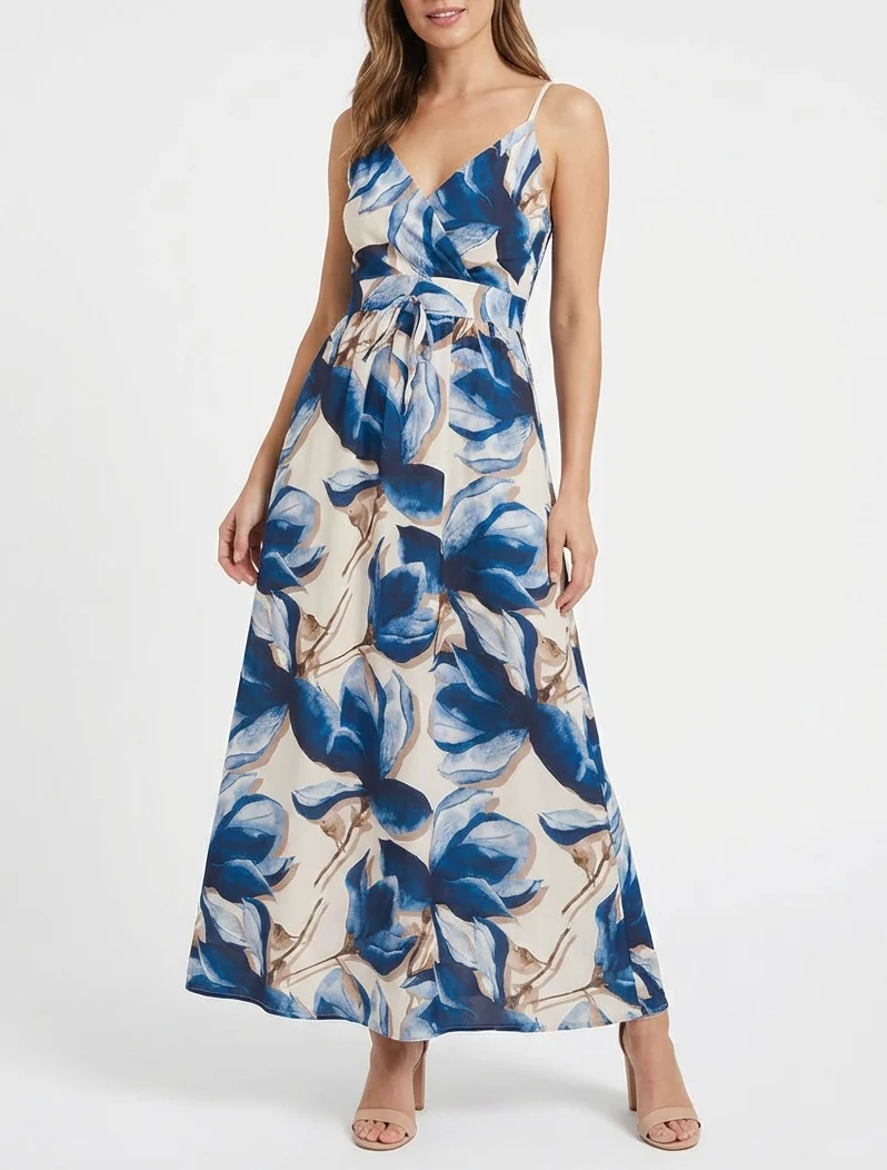 Langes Kleid mit elastischem Rücken und Blumenmuster - Marine