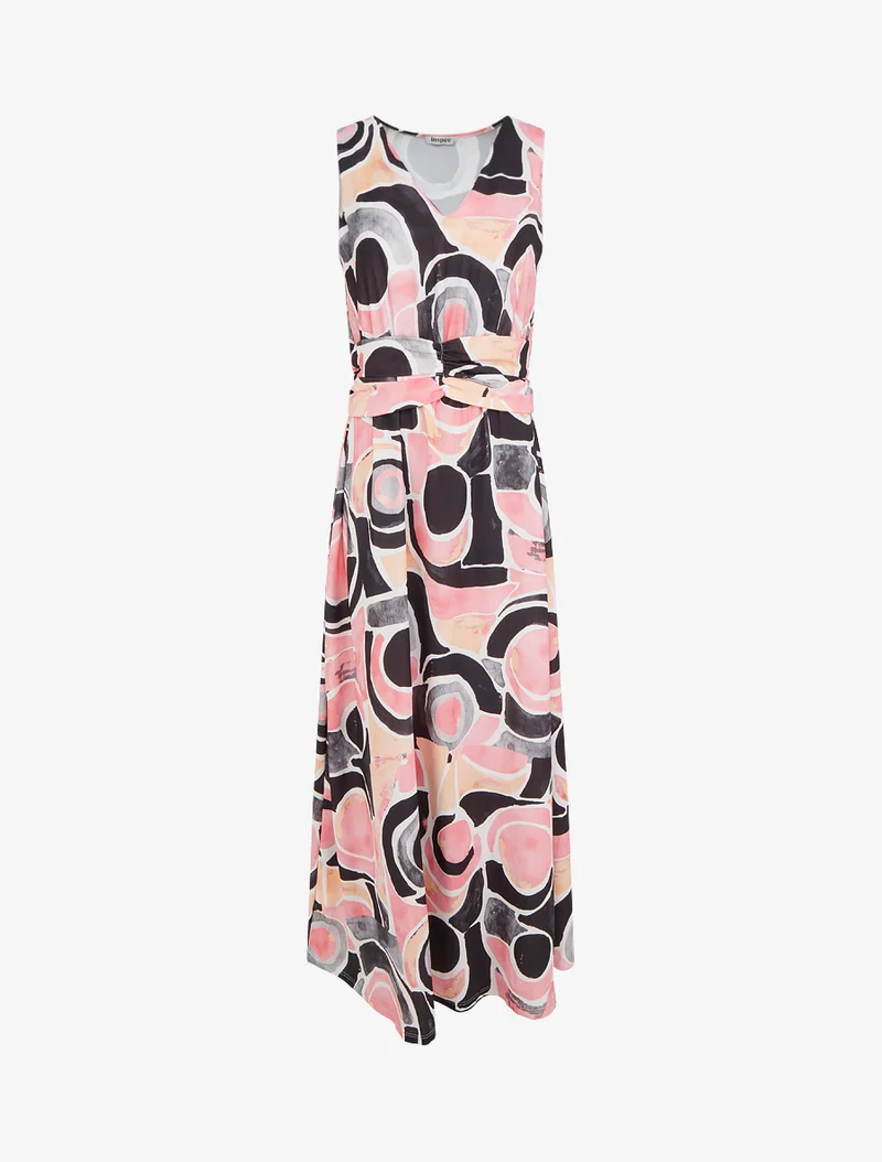 Kleid mit abstraktem Druck und elastischer Taille - Schwarz