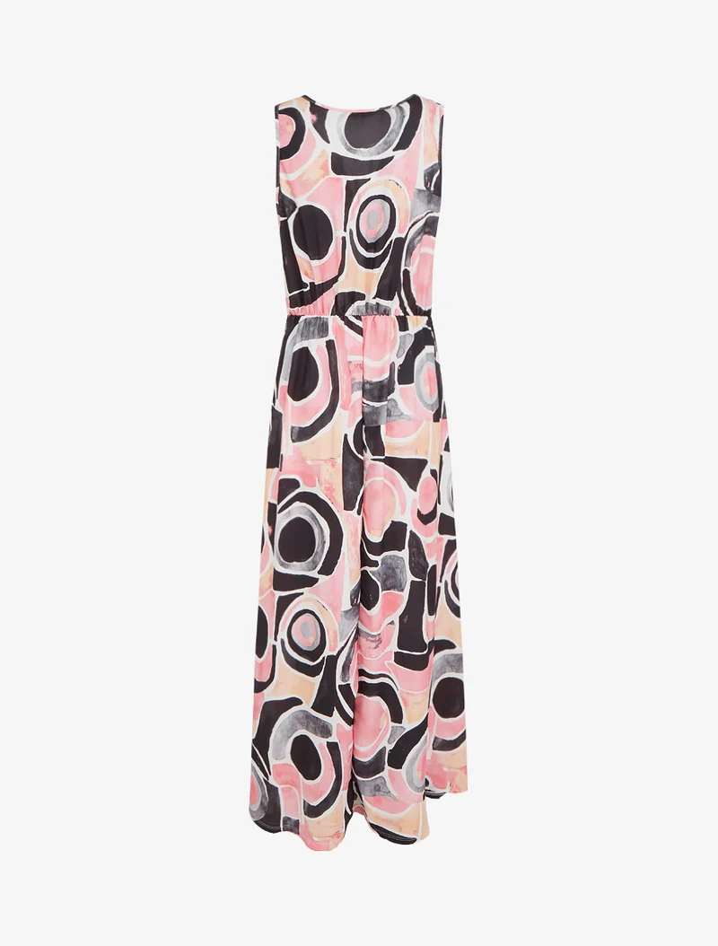 Kleid mit abstraktem Druck und elastischer Taille - Schwarz