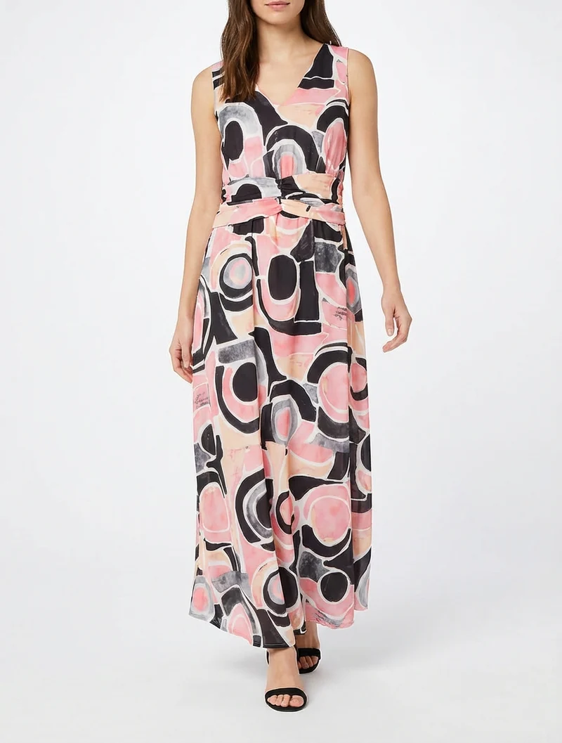 Kleid mit abstraktem Druck und elastischer Taille - Schwarz