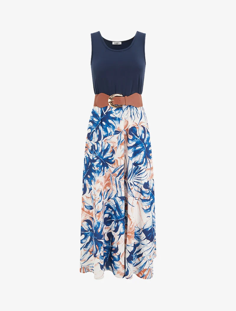 Langes Kleid mit Blätterdruckrock - Marine