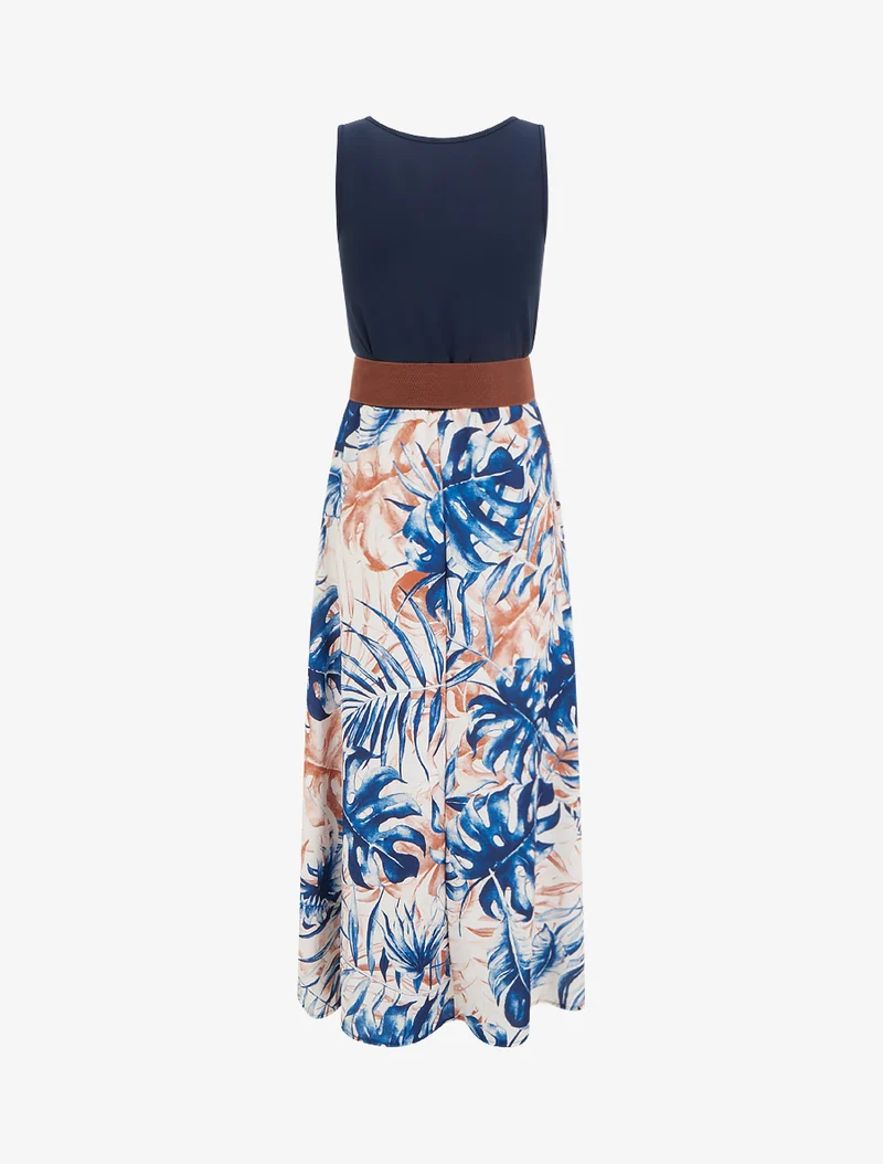 Langes Kleid mit Blätterdruckrock - Marine