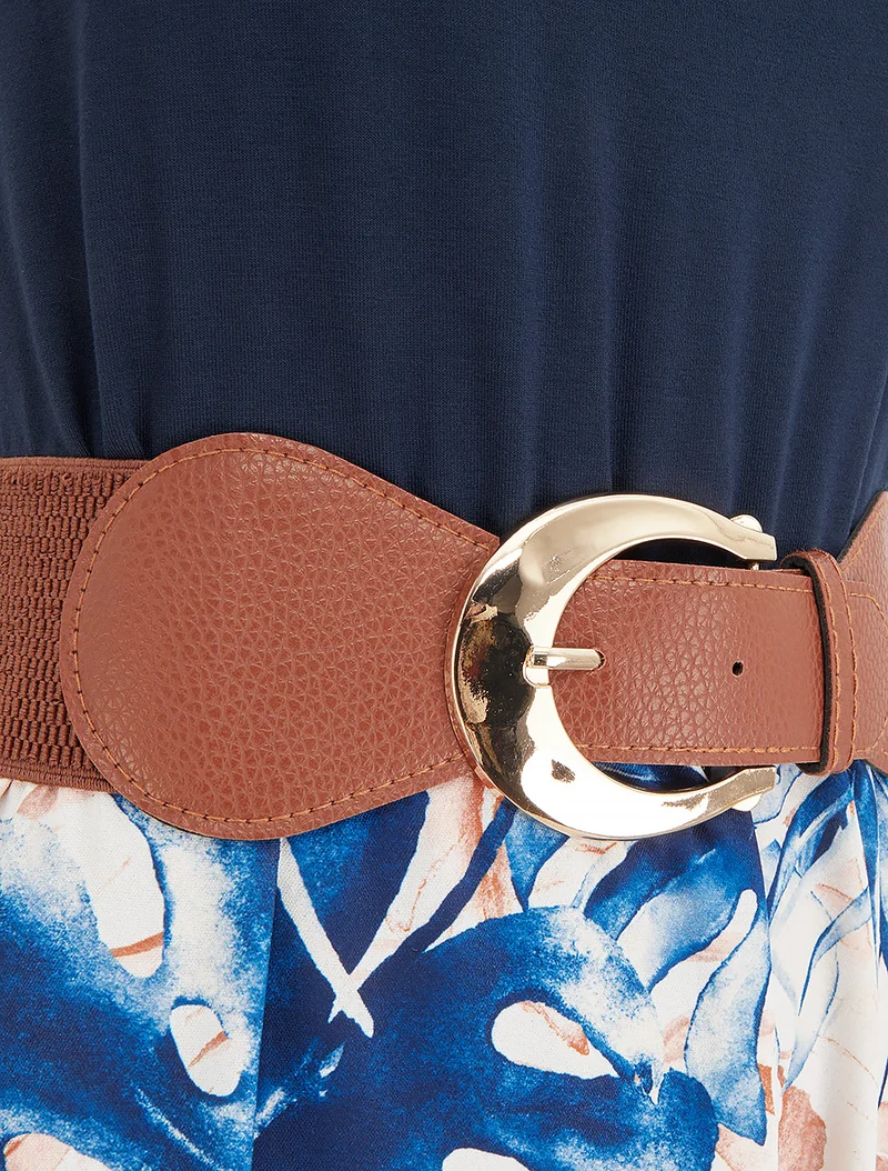 Langes Kleid mit Blätterdruckrock - Marine