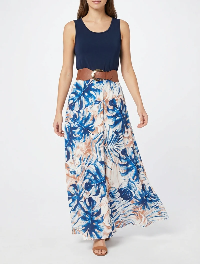 Langes Kleid mit Blätterdruckrock - Marine