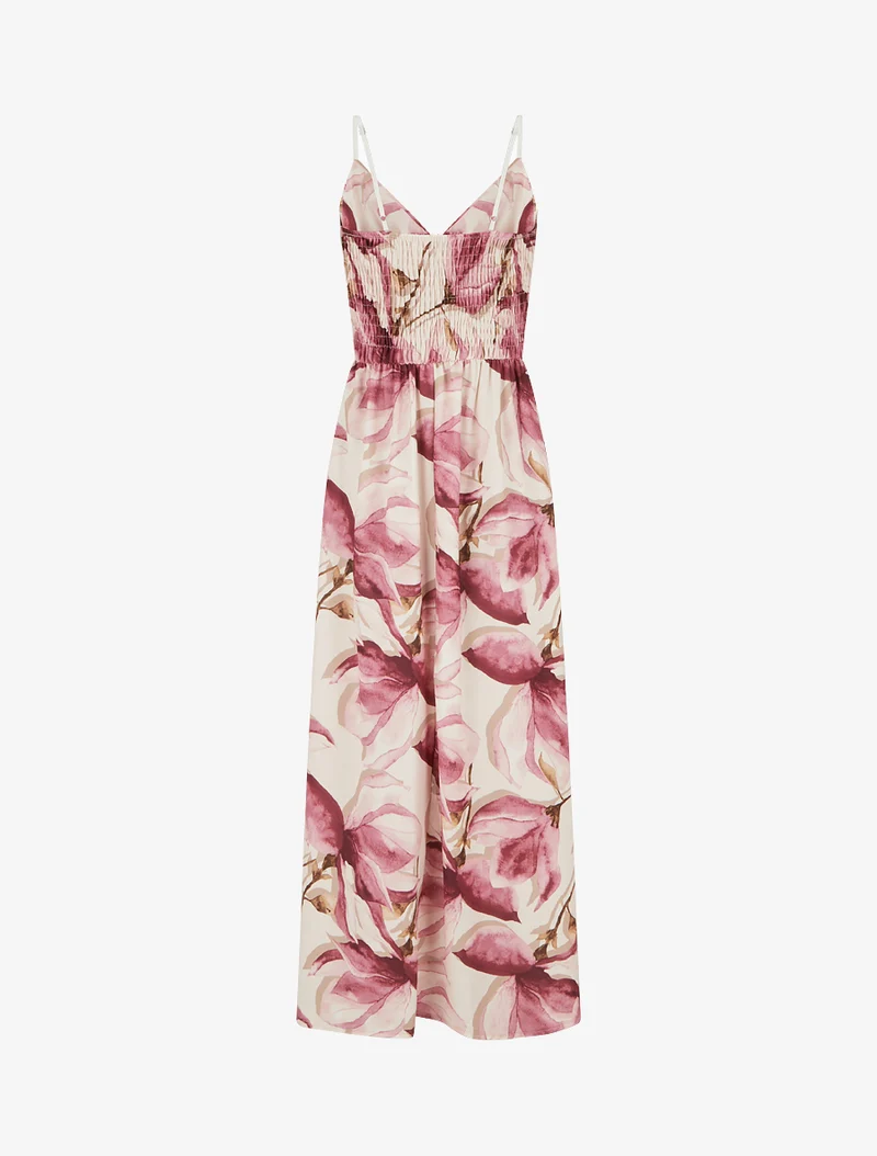 Langes Kleid mit elastischem Rücken und Blumenmuster - Altrosa