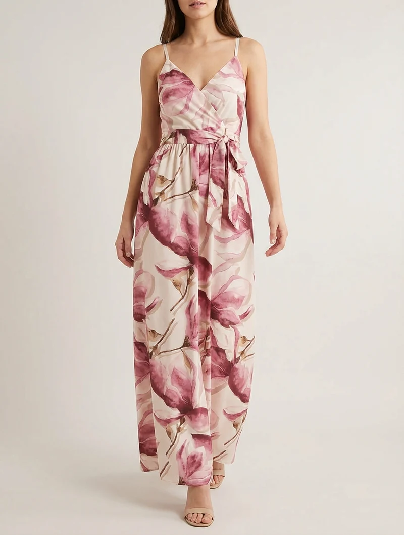 Langes Kleid mit elastischem Rücken und Blumenmuster - Altrosa