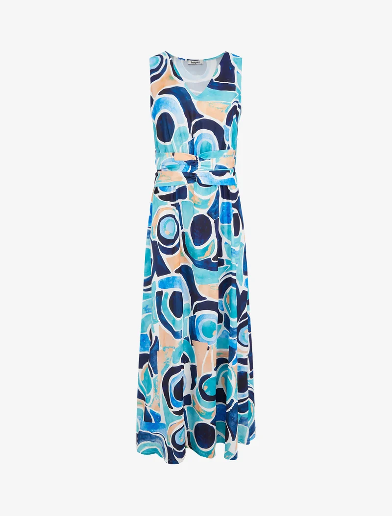 Kleid mit abstraktem Druck und elastischer Taille - Marine