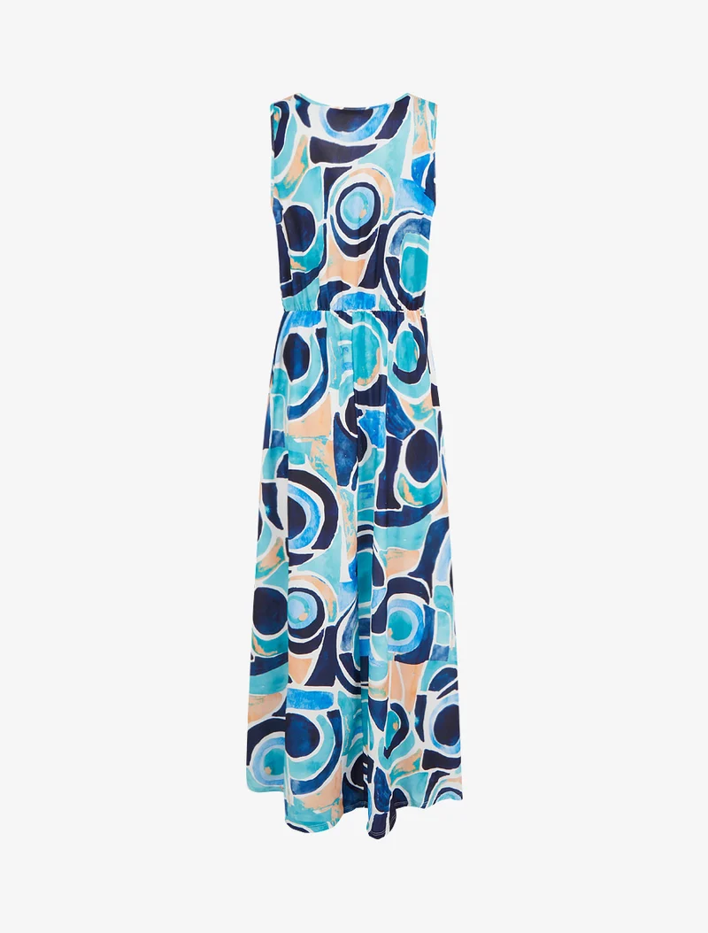 Kleid mit abstraktem Druck und elastischer Taille - Marine
