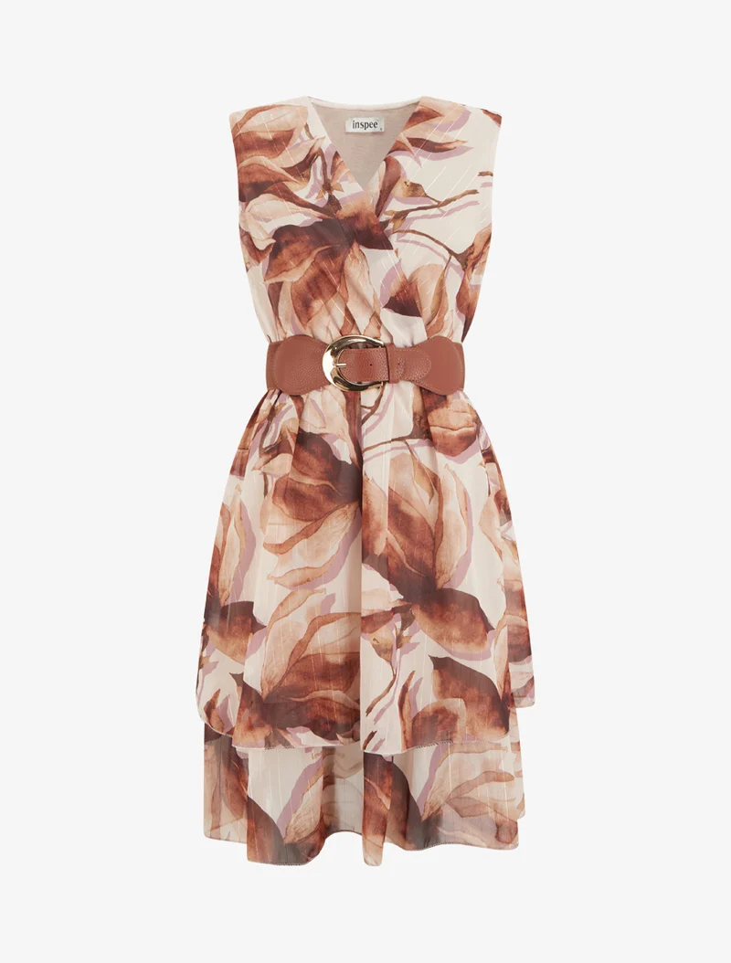 Ärmelloses Skaterkleid mit großem Blumenmuster - Braun