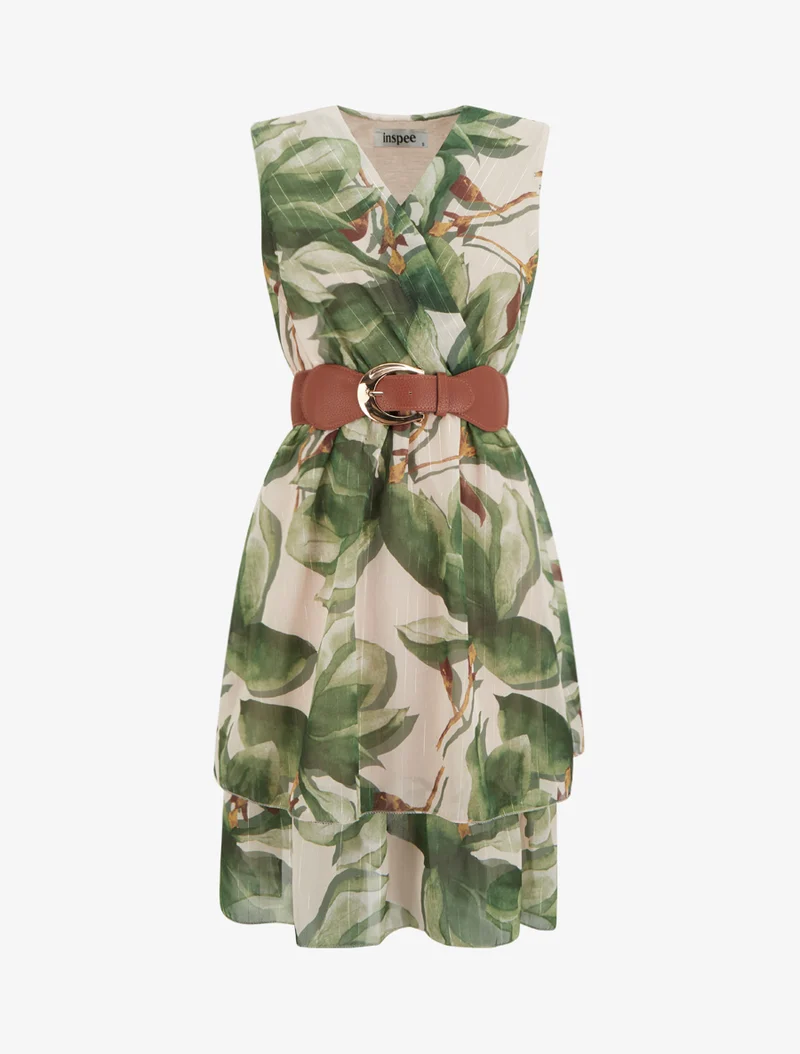 Ärmelloses Skaterkleid mit großem Blumenmuster - Kaki
