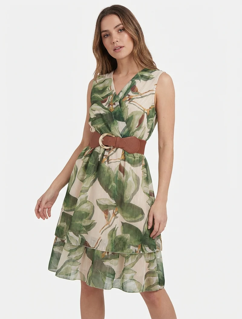 Ärmelloses Skaterkleid mit großem Blumenmuster - Kaki