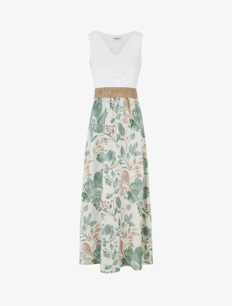 Langes Kleid mit Spitze und Blumenmuster - Hellkhaki