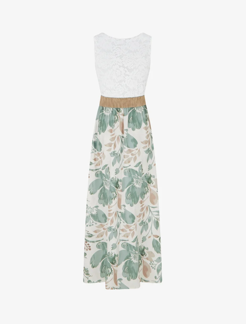 Langes Kleid mit Spitze und Blumenmuster - Hellkhaki