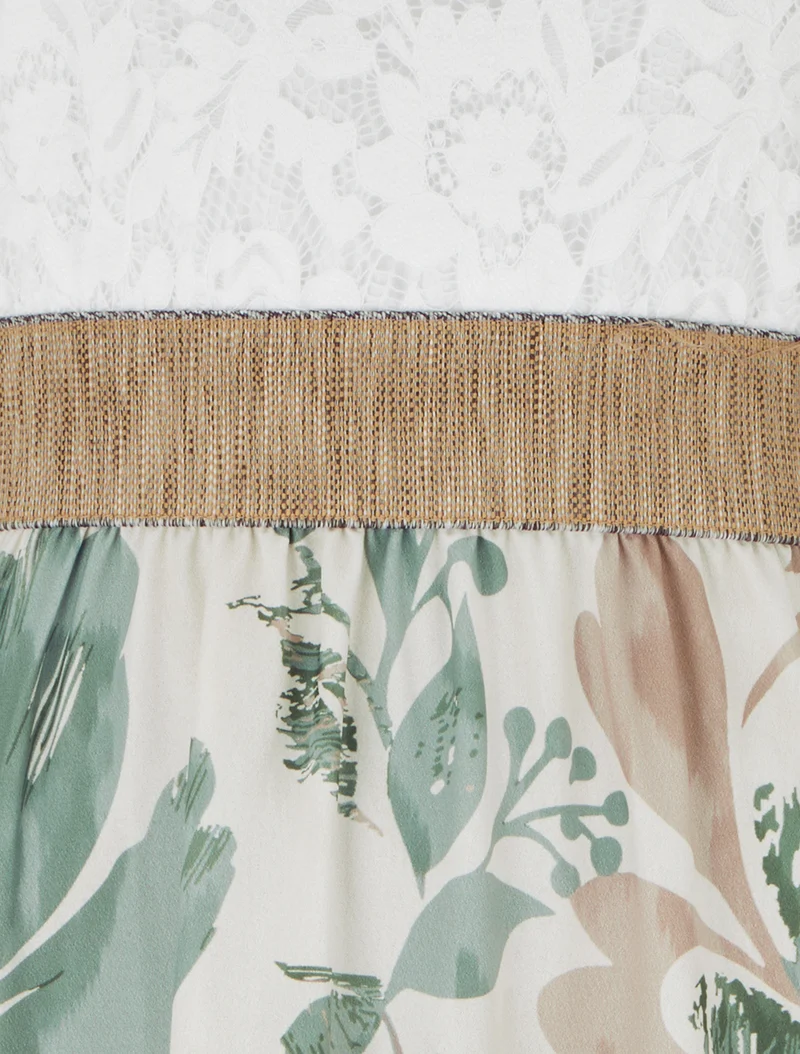 Langes Kleid mit Spitze und Blumenmuster - Hellkhaki