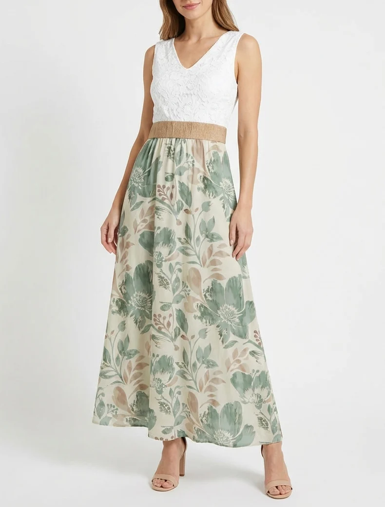 Langes Kleid mit Spitze und Blumenmuster - Hellkhaki