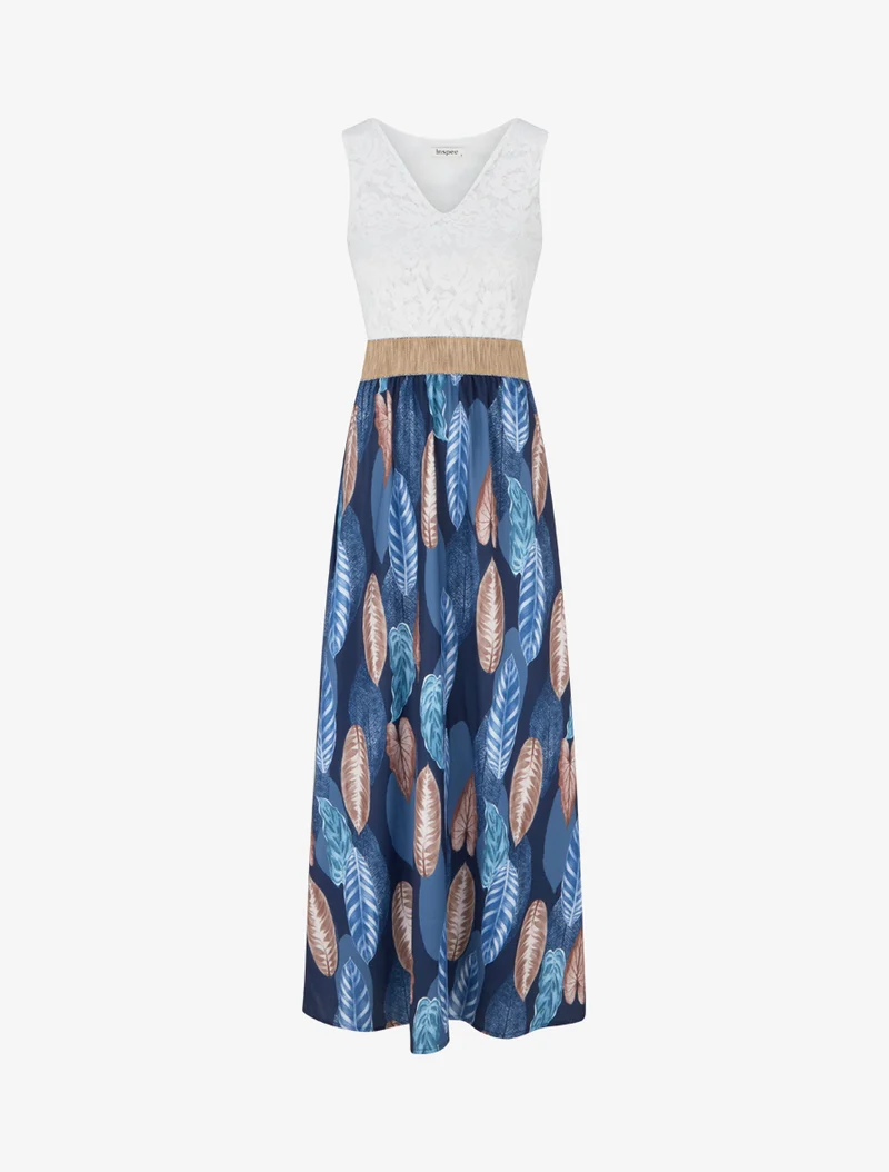 Langes Kleid mit Spitze und Blätterdruck - Marine
