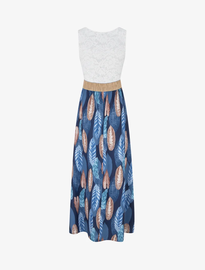 Langes Kleid mit Spitze und Blätterdruck - Marine