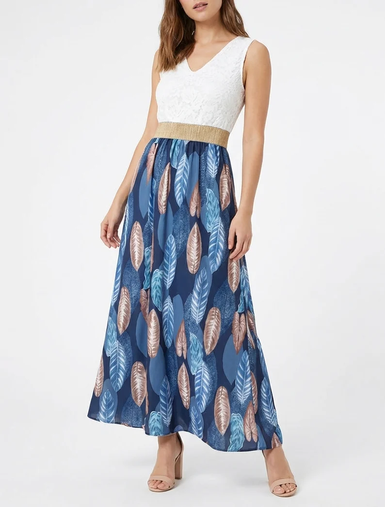 Langes Kleid mit Spitze und Blätterdruck - Marine